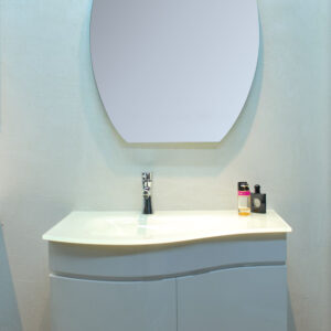 MOBILE DA BAGNO "MOOD" LACCATO BIANCO LUCIDO. LAVABO IN VETRO VASCA INTEGRATA, SPECCHIERA E FARETTO.      AB210.109