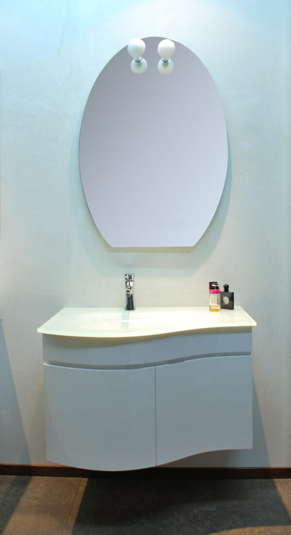 MOBILE DA BAGNO "MOOD" LACCATO BIANCO LUCIDO. LAVABO IN VETRO VASCA INTEGRATA, SPECCHIERA E FARETTO.      AB210.109